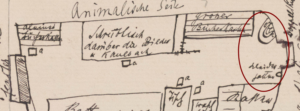 A section of Freud's sketch, highlighting an oven and a closet by the entrance to the room.