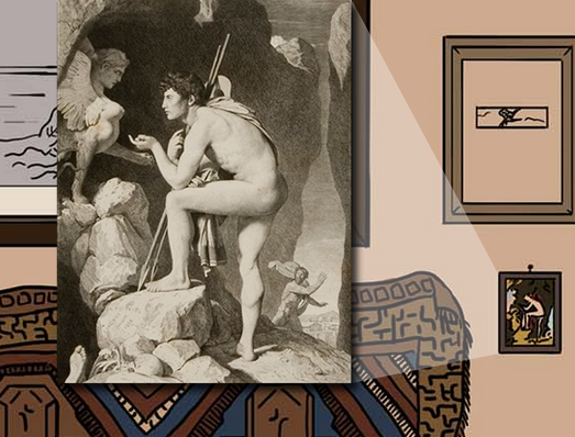 A section of the primary illustration, featuring Freud's painting of Oedipus and the Sphinx.