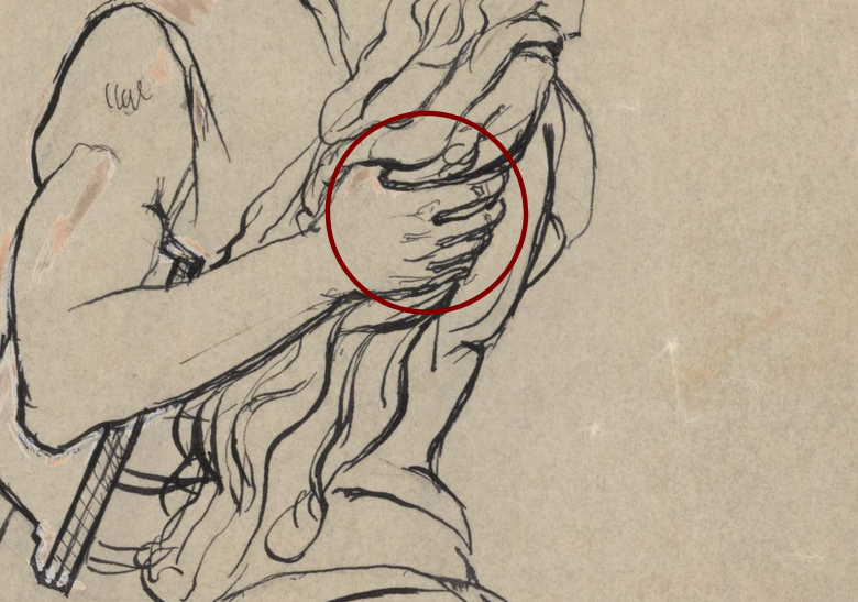 A section of the sketch highlighting changes that Freud made to Moses' right hand.