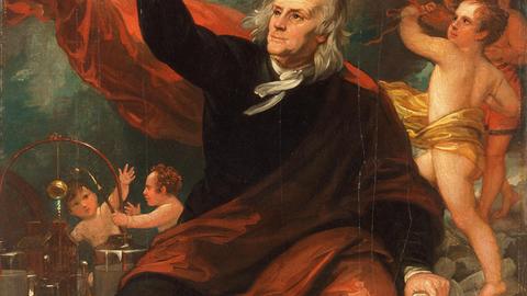 A painting of Benjamin Franklin using a key and a kite to demonstrate electricity.