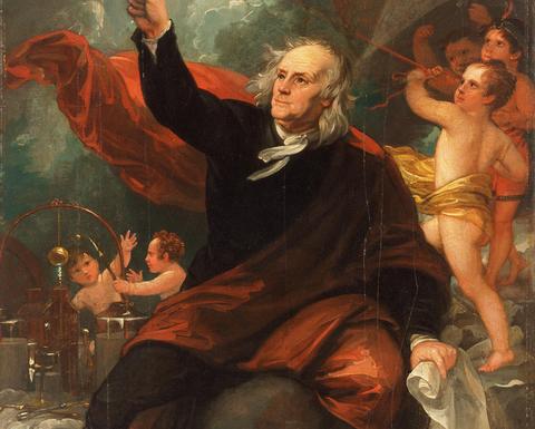 A painting of Benjamin Franklin using a key and a kite to demonstrate electricity.